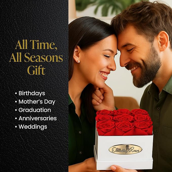 The Eternity Rose 9-Piece Preserved Roses in a Luxury Gift Box – Real Roses in Square White Box – A Valentine’s Gift as Everlasting as Your Love
