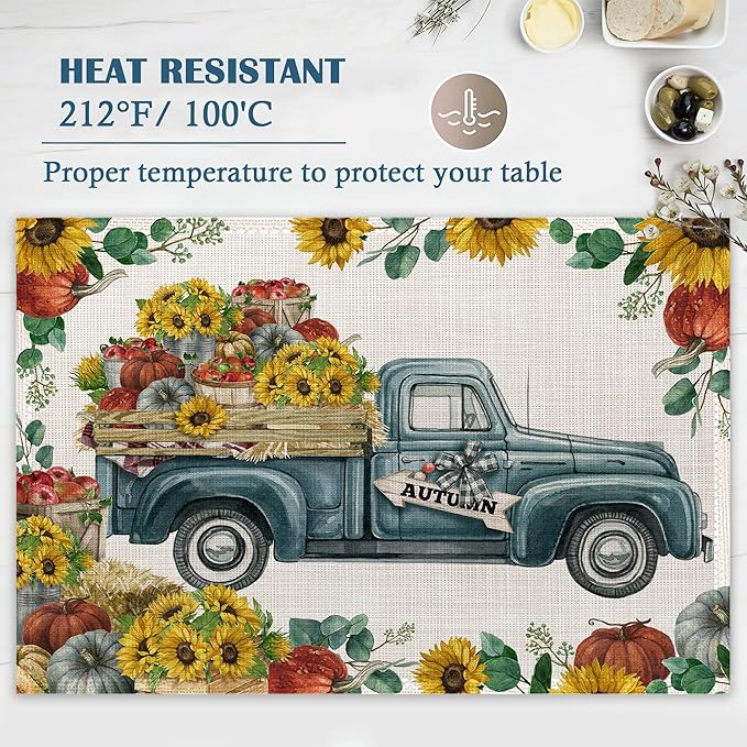 Thanksgiving Placemats Set of 4, Pumpkin Autumn Truck Place Mats Heat Resistant Washable Non-Slip Table Mats for Party Kitchen Dining Decor 12x18 Inch