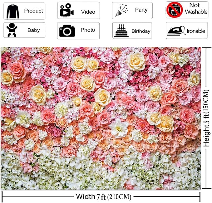 8 x 6 ft Flower Backdrop for Photography Pink Floral Flowers Girls Birthday Baby Shower Mother's Day Wedding Photo Background Cake Table Decoration Supplies Studio Props Banner