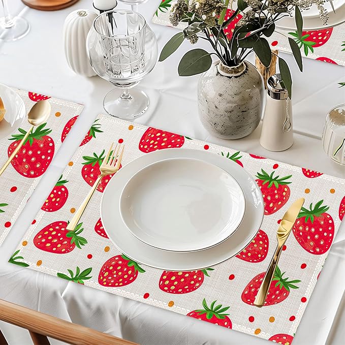 Cute Strawberry Placemat Set of 6,Heat Resistant Linen Table Mats for Indoor Outdoor Home Kitchen Dining Room Table 12x18Inch
