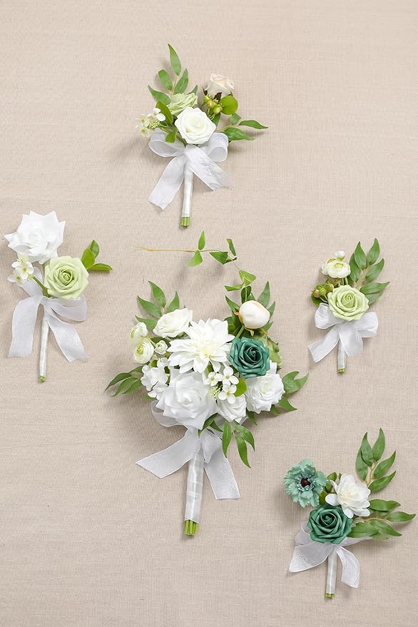 Artificial Flowers Roses Fake Flowers with Stems White Dahlia Artificial Flowers for DIY Bridal Bouquets Faux Flowers Centerpieces for Table Home Decor (White Green)