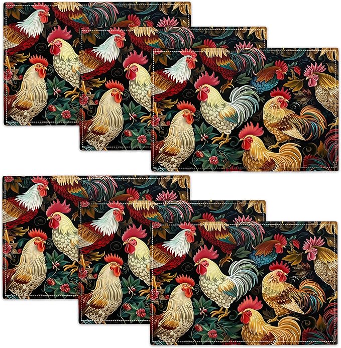Rooster Placemats Set of 6 Rustic Country Farm Chicken Table Mats Washable Place Mats for Home Party Indoor Kitchen Dining Table Decoration 12x18 Inch