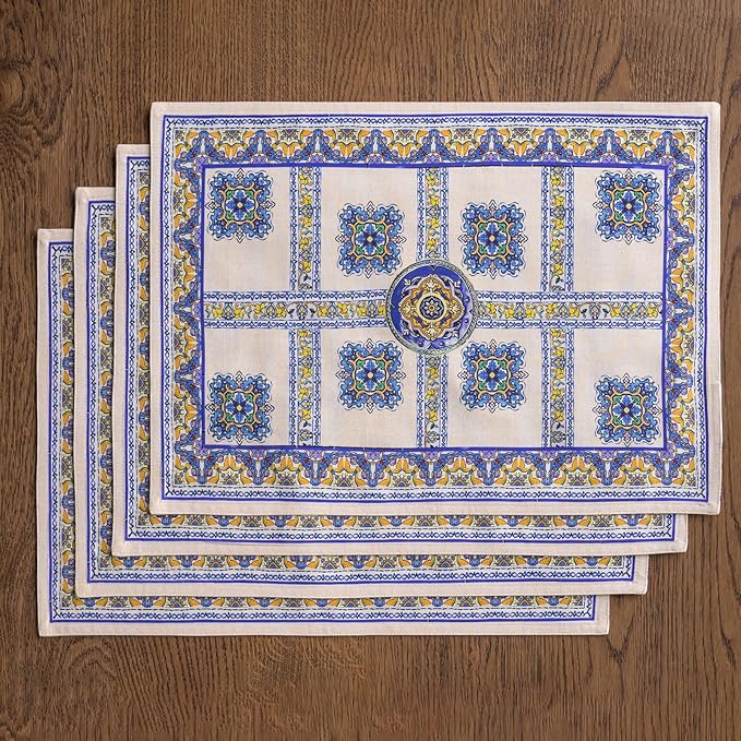 Maison d' Hermine Placemat 100% Combed Cotton Premium Cloth Placemats 13"x19" Washable Place Mats, Home, Kitchen, Dining, Cocktail Parties & Camping - Sciacca (Set of 4)
