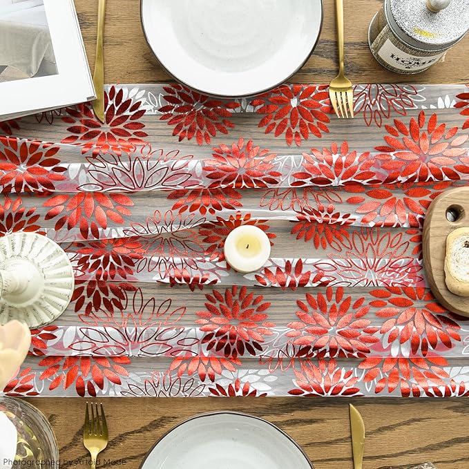 Artoid Mode Beige Red Dahlia Flower Gauze Table Runner 120 Inch 10FT, Glitter Metallic Foil Seasonal Sheer Dining Holiday Table Decor for Home Party