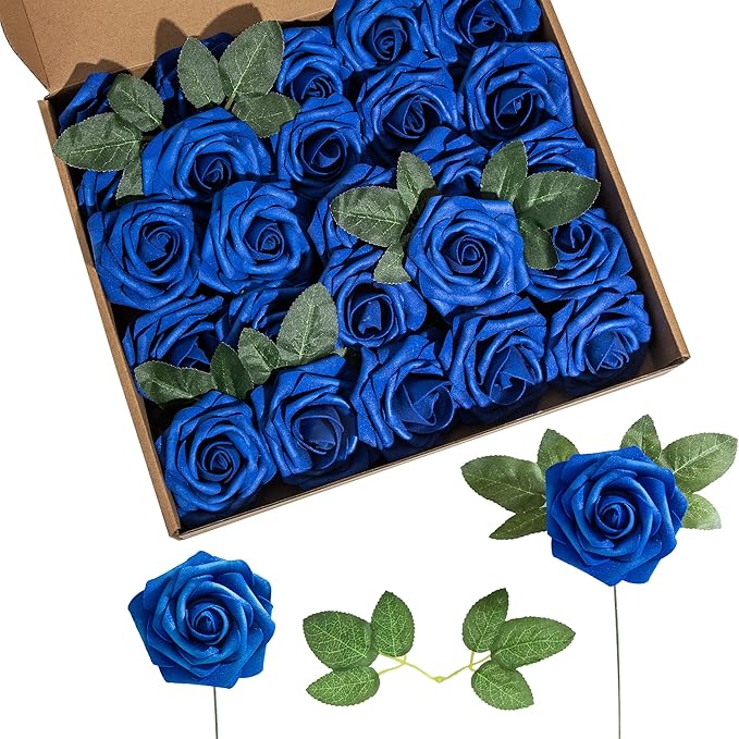 Artificial Flower Foam Rose 25pcs Real Looking Fake Rose with Stems Leaves for Home Decoration Party Garden Centerpieces DIY Wedding Bouquets（Royal Blue）