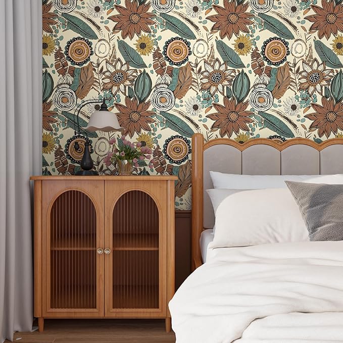 Boho Wallpaper Peel and Stick,Retro Floral Contact Paper 17.5" x 393.7", Vintage Botanical Flowers Wall Paper Self Adhesive Removable Waterproof for Walls Shelves Cabinet Table (Beige,Brown, Blue)