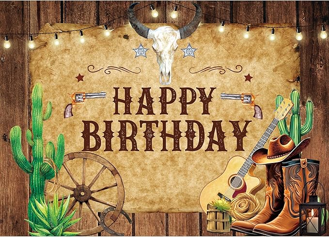 SVBright Western Backdrop 7Wx5H Cowboy Happy Birthday Rustic Wooden Board Cactus Rodeo Brown Hat Plant Country Wild West Men Boy Bday Party Decorations Photography Background Banner Photo Booth Studio