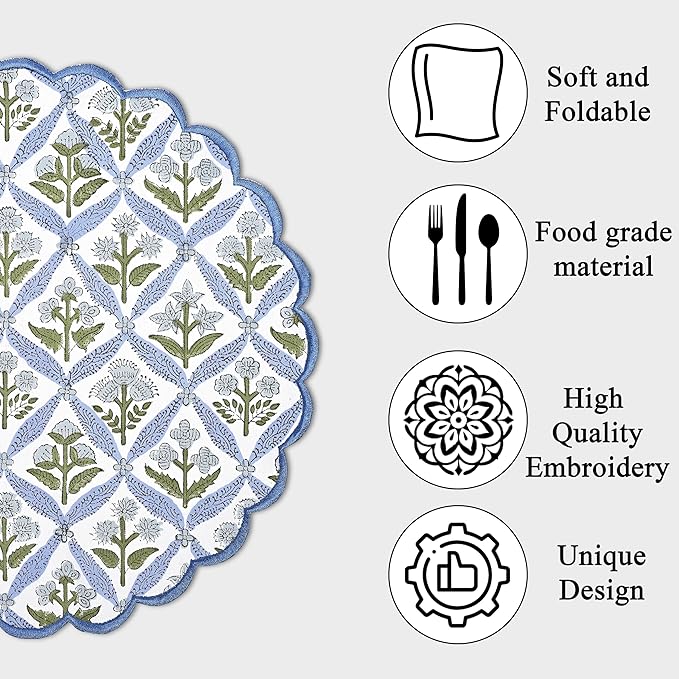 Ridhi Light Steel Blue Bo-ho Round Place Mat Easter Floral Cotton Washable Placemats 15" Round Embroidery Block Print Table Mat Pack of 8-15 Inch Round