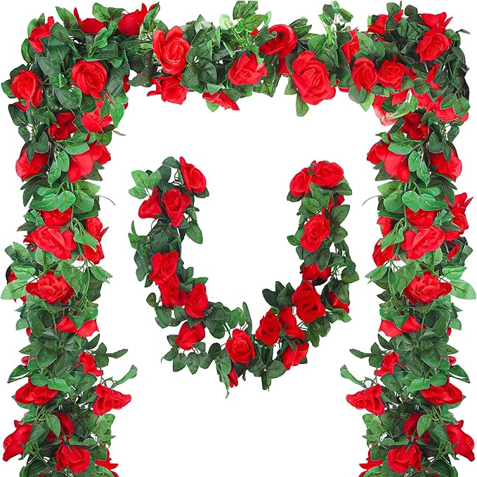 Aneco 8 Pack 64 FT Red Flower Garland Artificial Rose Vines Roses Fake Vine Flowers Plants Party Supplies for Holiday Wedding Garden Craft Art Decoration