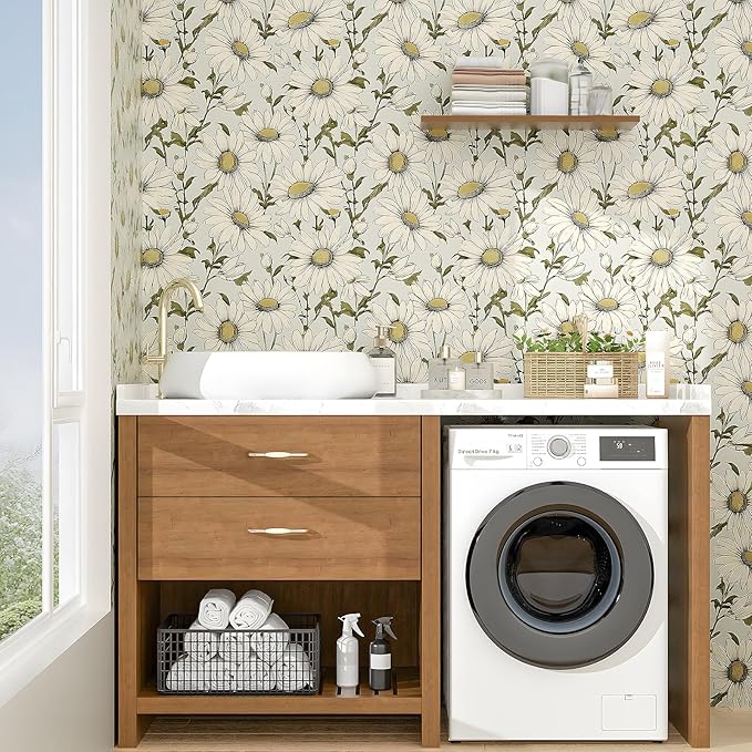 Boho Wallpaper Peel and Stick Daisy Floral Wallpaper 17.5in x 9.8ft Vintage Leaf Contact Paper Vinyl Self Adhesive Removable Modern Floral Wall Paper for Bedroom Walls Cabinet Drawer