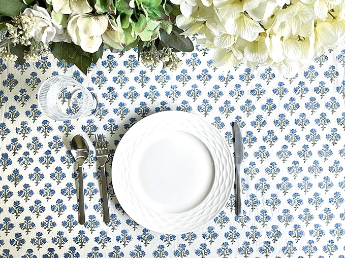 ATOSII Gulbahar Blue 100% Cotton Fall Rectangle Tablecloth, Handblock Print Floral Table Cloth for Kitchen Dining Linen I Thanksgiving Christmas Weddings Outdoors I 72 X 120 Inches I 10 Seater