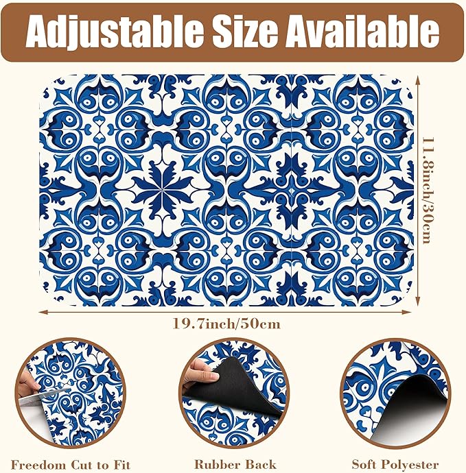 Dish Drying Mat Blue Portuguese Tiles Coffee Bar Mat for Countertop Absorbent Rubber Backed Hide Stain Dish Drainer Rack Pad Espresso Machine Cafe Table Dining Room Decoration 11.8 x 19.7 Inch