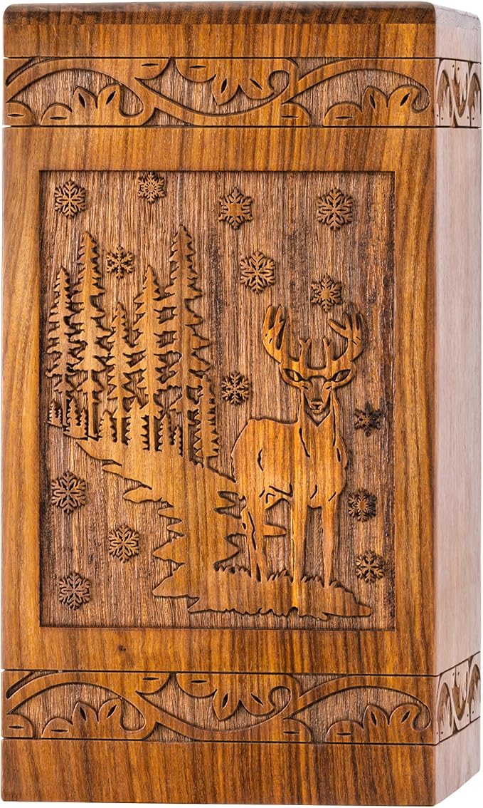 INTAJ Handcarved Rosewood Deer Urn for Human Ashes Adult Male Female - 115 lbs Capacity Forest Scene Wooden Cremation Urn Box Suitable for Burial Funeral Decorative Wildlife Memorial Casket
