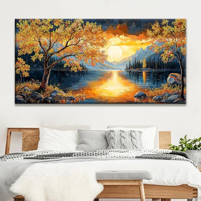 Large Wall Art For Living Room Canvas Art Wall Decor Modern Artwork Gold Tree River Sunrise Landscape Paintings Print Pictures For Bedroom Apartment Office Mural Aesthetic Artwork 29 X 58 In
