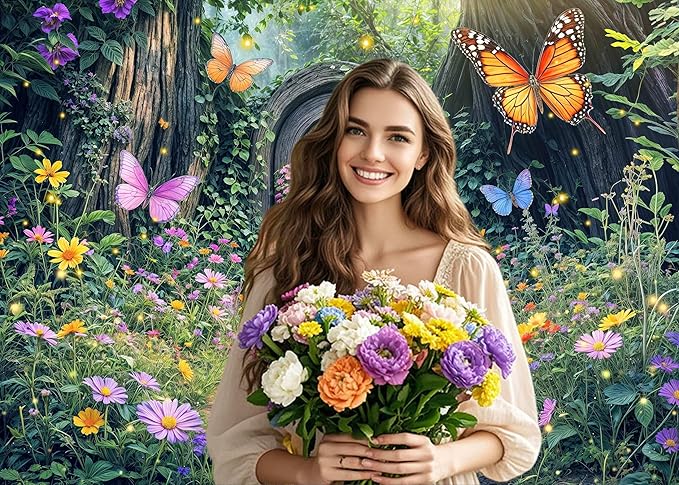 10X8ft Enchanted Forest Backdrop Fairy Enchanted Wonderland Garden Wooden Door Floral Butterfly Photography Background for Kids Girls Baby Shower Birthday Party Decoration Banner Booth Props