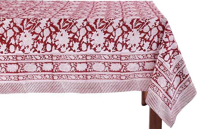 ATOSII Meraki Red 100% Cotton Tablecloth, Handblock Print Rectangle Table Cover for Kitchen Dining I Tabletop Linen I Thanksgiving, Christmas, Wedding, Fall Table Cloth 72 X 120 Inches I 10 Seater