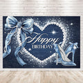 Denim and Diamonds Bow Backdrop 5Wx3H Photography Silver High Heels Happy Birthday Banner Pearl for Women Girls Background Blue Coquette Party Decorations Banner Photo Booth Props Supplies