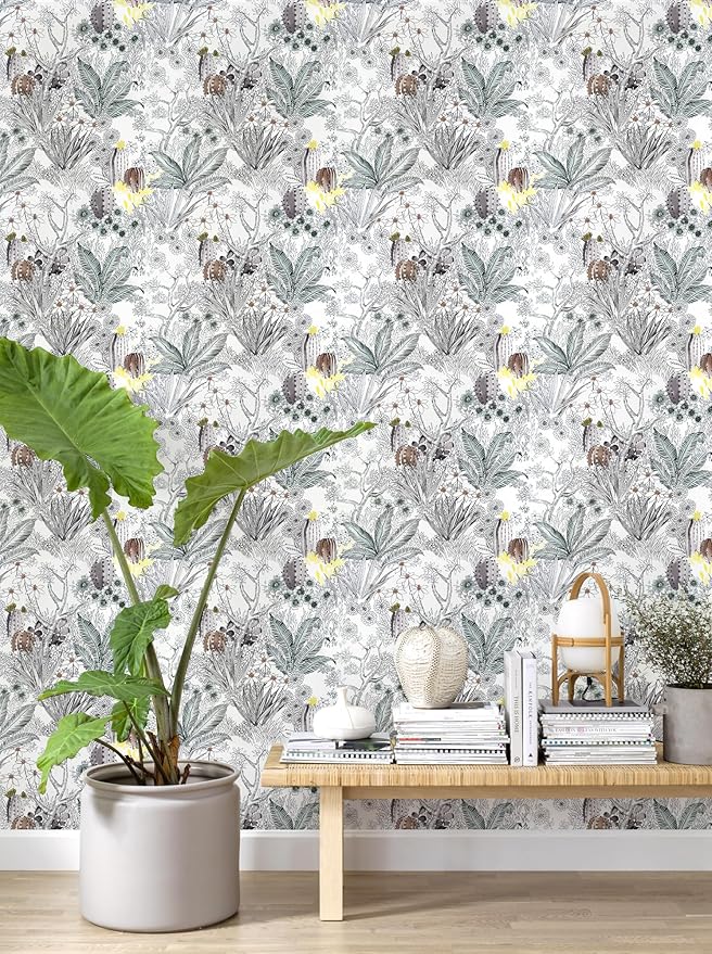 Wudnaye Gray Floral Peel and Stick Wallpaper Vintage Contact Paper 17.7 inch × 196.8 inch Self Adhesive Cactus Wall Paper Stick and Peel Flower Removable Botanical Wallpaper for Bathroom Boho