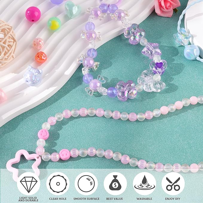 Assorted 210-270PCS Acrylic Beads for Bracelet Making,Flower Bow Candy GummyBear Kawaii Bracelet Charms, Cute Beads for Jewelry Making Necklace Keychain Phone Charm Christmas Gifts DIY