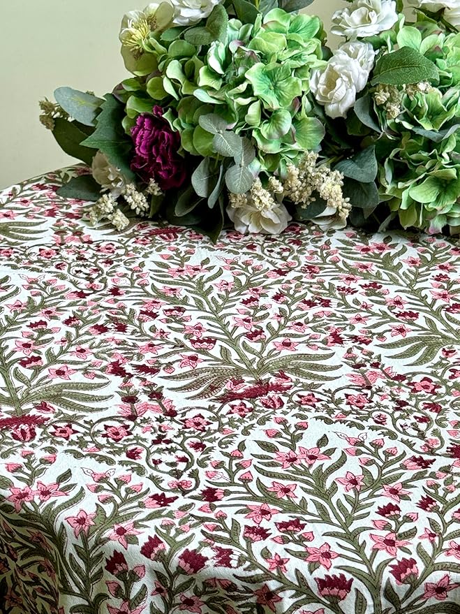 ATOSII Nargis Pink 100% Cotton Round Block Print Summer Tablecloth, Floral Table Cloth Linen for Dining Parties Weddings Outdoors Holidays I 90" Inches Round, 6 Seater I Grandmillennial Farmhouse Boho