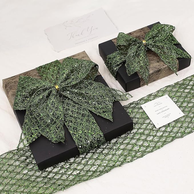 VATIN 2-1/2" Moss Green Christmas Ribbon, Green Glitter Mesh Diamond Web Sequin Dots Wired Christmas Ribbon for Gift Wrapping Bow Making Wreath Supply-10 Yards