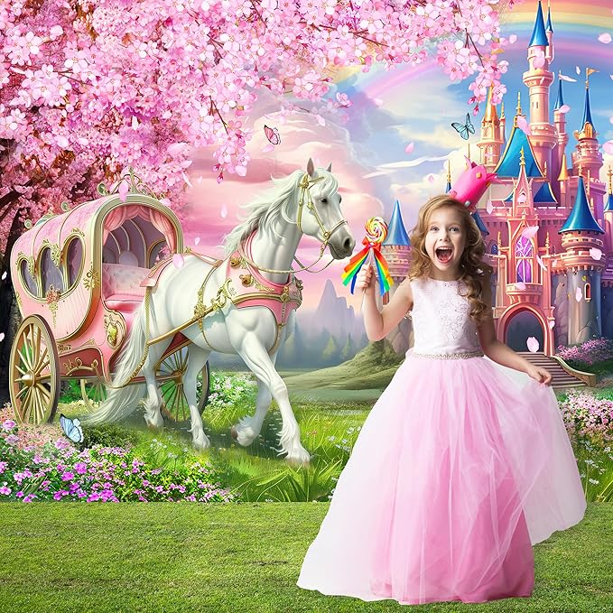 Riyidecor Princess Castle Backdrop Polyester Fabric Pink Sakura Rainbow Flowers Floral Fantasy Fairy Tale Wonderland 7Wx5H Feet White Horse Carriage Photography Background Birthday Photo Studio Shoot