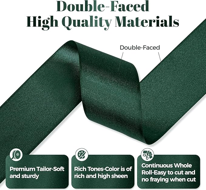 Hunter Green Satin Ribbon, Double Faced 1-1/2 Inch X 50 Yards Hunter Green Ribbon, Premium Satin Ribbon for Gift Wrapping, Crafts, Hair Bow Making, Sewing, Flower Bouquet, Wedding Party Decor