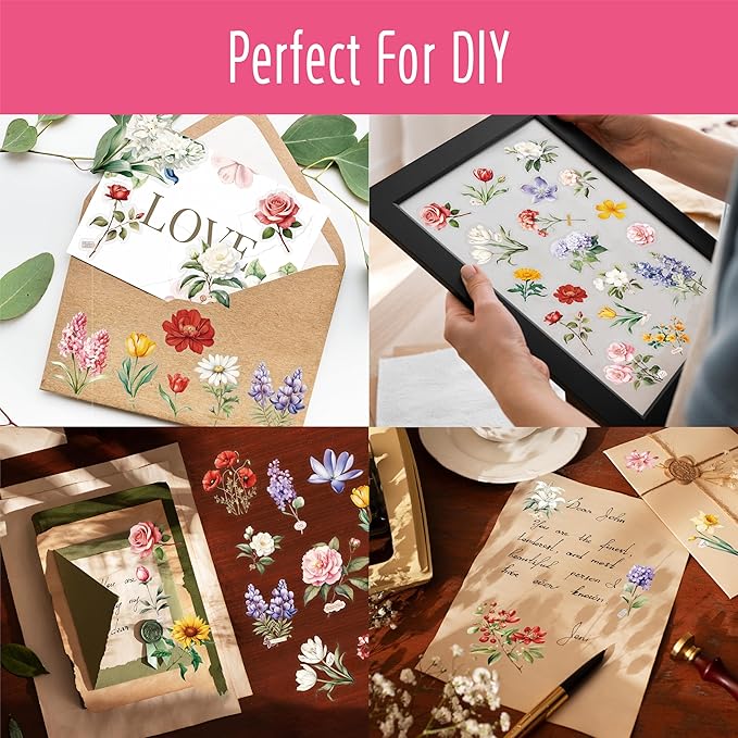 300 PCS PVC Flower Stickers, Self-Adhesive PVC Nature Floral Stickers for Scrapbook, Laptop, Journal, DIY Project, Spring Themed Party Decors
