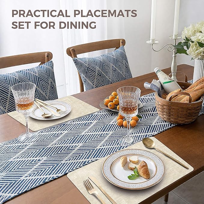 Vinyl Placemats Set of 4, Faux Leather Waterproof and Heat Resistant Place Mats, Washable Anti-Slip Table Mats with Coaster, Wipeable Placemats for Indoor & Outdoor 17" x 12" (Beige, Set of 4)