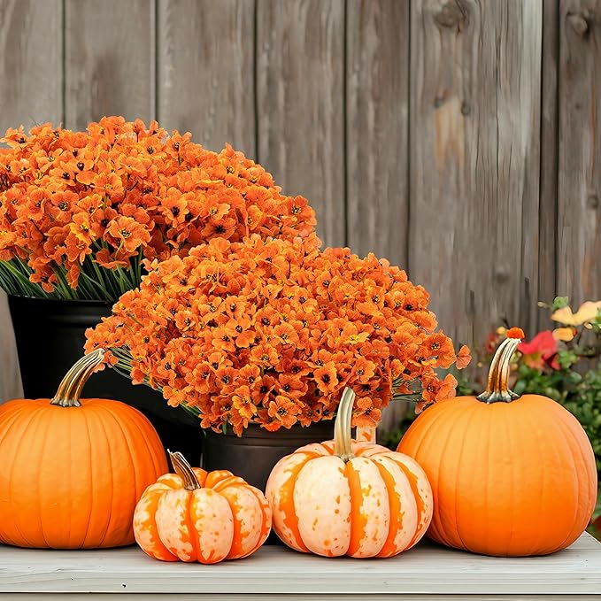 24 Bundles Artificial Mums for Outdoors/Indoors Faux Mums for Outdoor Planters, Fall Flowers Artificial for Decoration Garden Porch Window Box Home Wedding Farmhouse