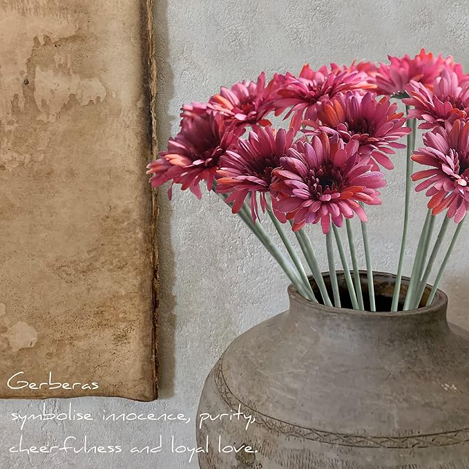 12pcs Artificial Gerbera Daisies,22 Inch Long Stem Silk Daisy Flowers,Realistic Artificial Flower Mums for Home Décor Centerpiece Wreath Supplies Wedding Bouquet,Light Wine