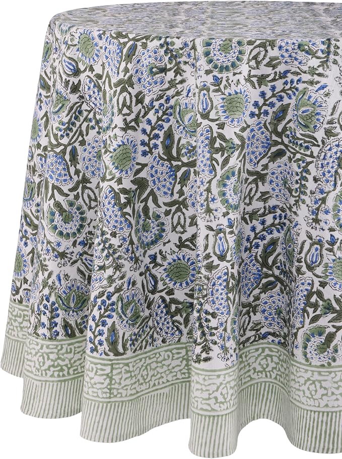 ATOSII Clover Blue 100% Cotton Round Boho Fall Tablecloth, Handblock Floral Table Cloth Linen for Kitchen Dining I Parties Outdoors Christmas Thanksgiving Fall Home Decor 72" Inches Round I 4-6 Seater