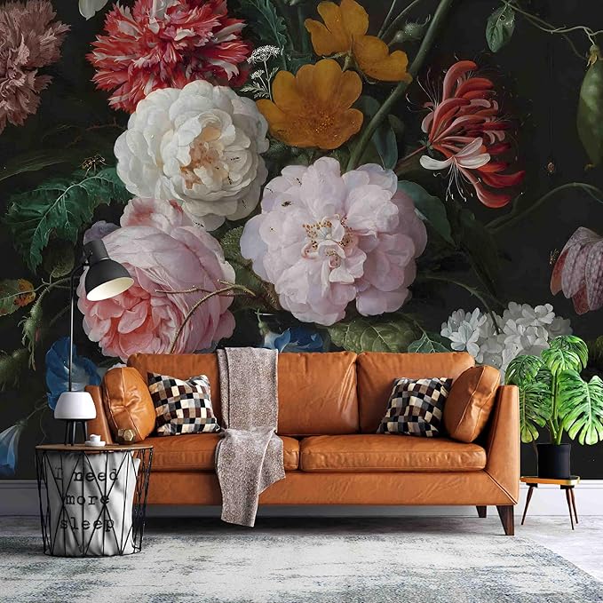 Wall Mural Peel and Stick Vintage Floral Mural- Thick Canvas Waterproof Wallpaper Art for Living Room Bedroom, Large Self-Adhesive Decor (Color-8, 137×98 inch)