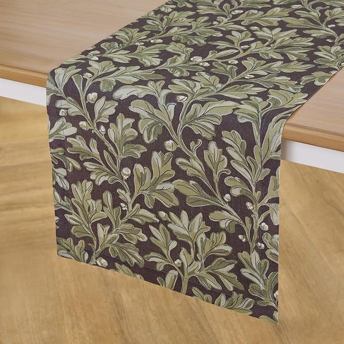 Solino Home 100% Pure Linen Table Runner 120 Inches Long - Floral Print Green and Brown Table Runner 14 x 120 Inch - Handcrafted and Machine Washable - Fallen Leaves Print