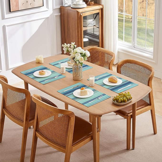 LilyCat Linen Fabric Blue Stripes Placemats, Durable Boho Dining Table Mats for Kitchen, Rustic Vintage Washable Place Mats Set of 4, 18’’× 12’’