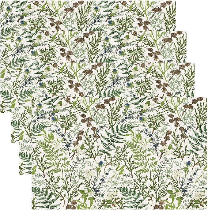 Retro Botanical Placemats Set of 6, 17x12 Inch Rustic Farmhouse Green Leaves Vintage Plants Aesthetic Table Mats for Home Party Kitchen Dining Decor