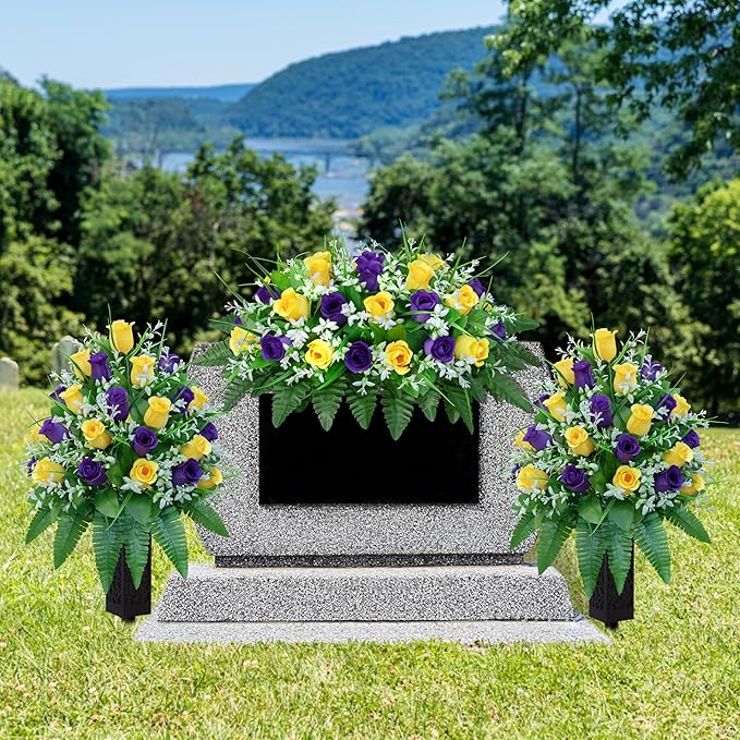 Artificial Cemetery Flowers, Gravesite Decoration Roses, Memorial Bouquets with Cemetery Vase, Vibrant and Long-Lasting Colors （ Yellow+Purple, 2 Bundles