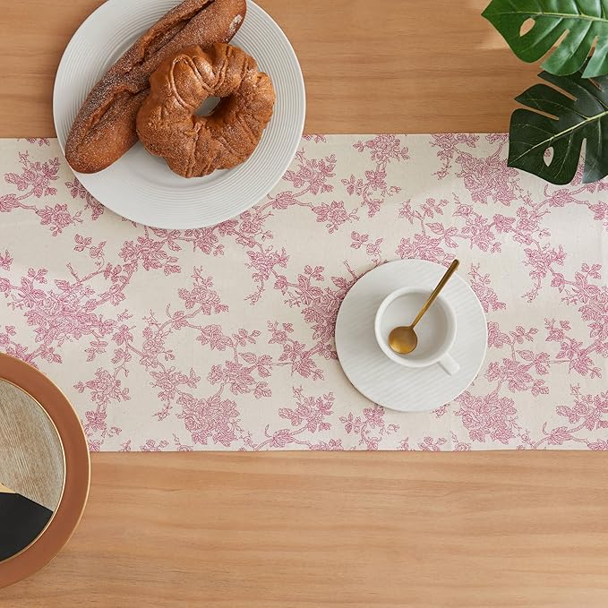 100% Cotton French Pastoral Table Runners, 13x72 Inch Pink Farmhouse Table Runners 72 Inches Long, Vintage Flowers Print Home Decors