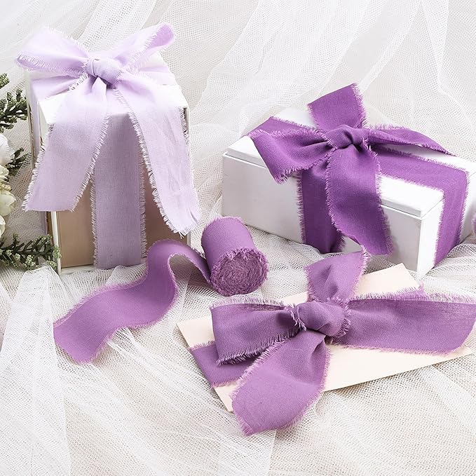 Purple Ribbon 1-1/2 x 15 Yards Handmade Cotton Frayed Fringe Fabric Ribbons for Crafts Flower Bouquets Wedding Baby Shower Home DIY Decor