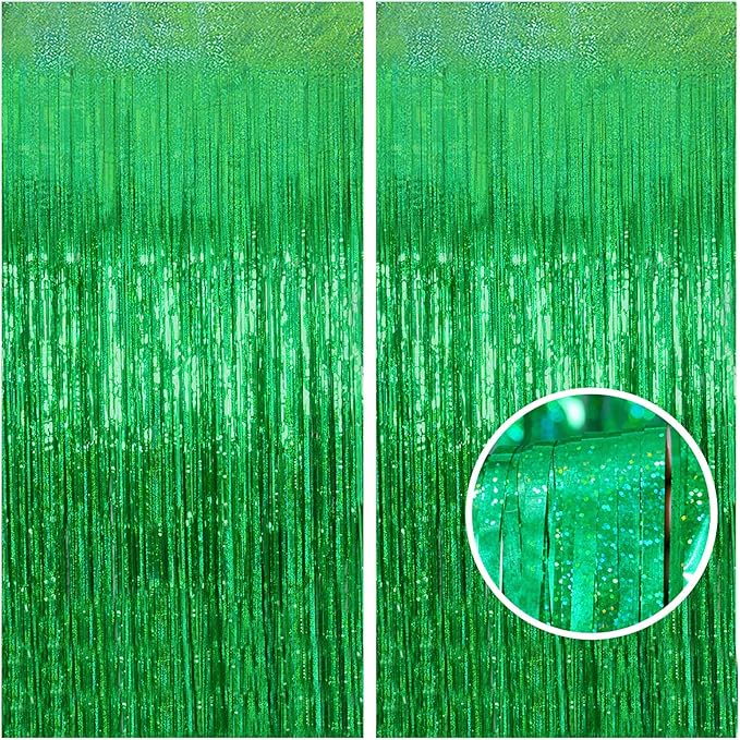 Melsan Foil Curtain Backdrop, 2 Pack 3.2 ft x 8.2 ft Tinsel Foil Fringe Curtains, Sparkle Metallic Foil Fringe Curtains for Christmas Party Decorations Photo Booth Props Decoration, Green