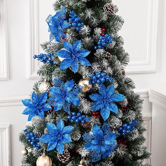 24Pcs Royal Blue Glitter Poinsettia Christmas Tree Ornaments and Glitter Berries Stems, 16Pcs Christmas Artificial Flowers and 8 Pack Christmas Tree Picks for Wedding Holiday Decorations