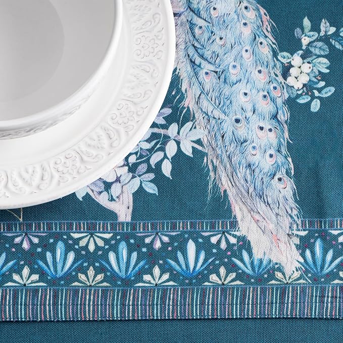 Maison d' Hermine Place Mats 100% Combed Cotton Premium (13 Inch x 19 Inch) Cloth Place Mat Washable Dinner Placemat, Dinner & Dining, Peacock Utopia - Deep Sea (Set of 4)