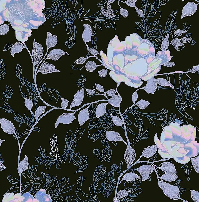 Black White Blue Floral Peel and Stick Wallpaper Flowers Contact Paper 17.5"x118" Self Adhesive Waterproof Vintage Dark Floral Wall Paper for Shelf Liner Cabinet Decor