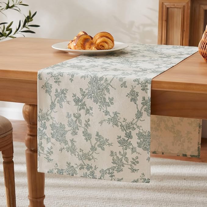 100% Cotton French Pastoral Table Runners, 13x90 Inch Vintage Green Farmhouse Table Runners 90 Inches Long, Vintage Flowers Print Home Decors