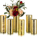 Glasseam Gold Cylinder Vases for Centerpieces: 6 Modern Mercury Hurricane Glass Vase Set for Flowers - Decorative Golden Pillar Candle Holders for Wedding Party Dining Room Table Decor