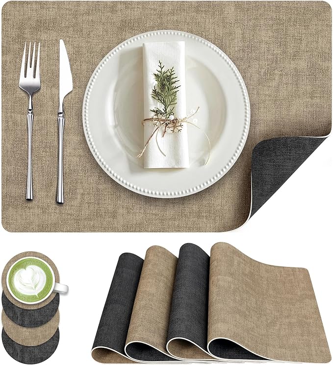 Placemats Set of 4, Faux Leather Heat Resistant Wipeable Placemats, Dual Sided Waterproof Washable Table Mats with Coaster, Suitable for Kitchen, Dining, Table Decor (4, Black Light Coffee)
