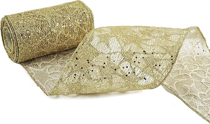MEEDEE 6 Inch Wide Wired Ribbon Gold Glitter Mesh Web Wired Edge Ribbon by 10 Yards Roll Gold Mesh Wired Ribbons for Christmas Tree, Garland, Holiday Crafts, Wreaths, Bows, Centerpiece, Gift Wrapping