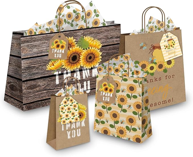Pro Supply Global Strung Sunflowers Theme Gift Tags - 2.5x3 Inch 24 Pack - 3 Design Styles Assorted Cardstock Prints Pre-Strung Hanging Labels Suitable for Wrapping Favors DIY Presents Packaging Bags.