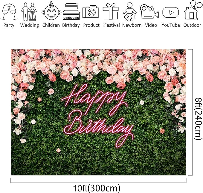 Riyidecor Happy Birthday Backdrop Vinyl for Women Neon Flower Wall Pink Rose Green Leaves Floral Blossom Botanical Plant Nature 10Wx8H Feet Girls Photography Background Birthday Photo Studio Shoot