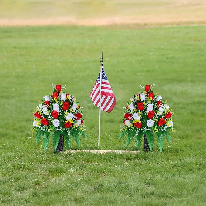 Artificial Cemetery Flowers, Gravesite Decoration Roses, Memorial Bouquets with Cemetery Vase, Vibrant and Long-Lasting Colors (Red + White, 2 Bundles)